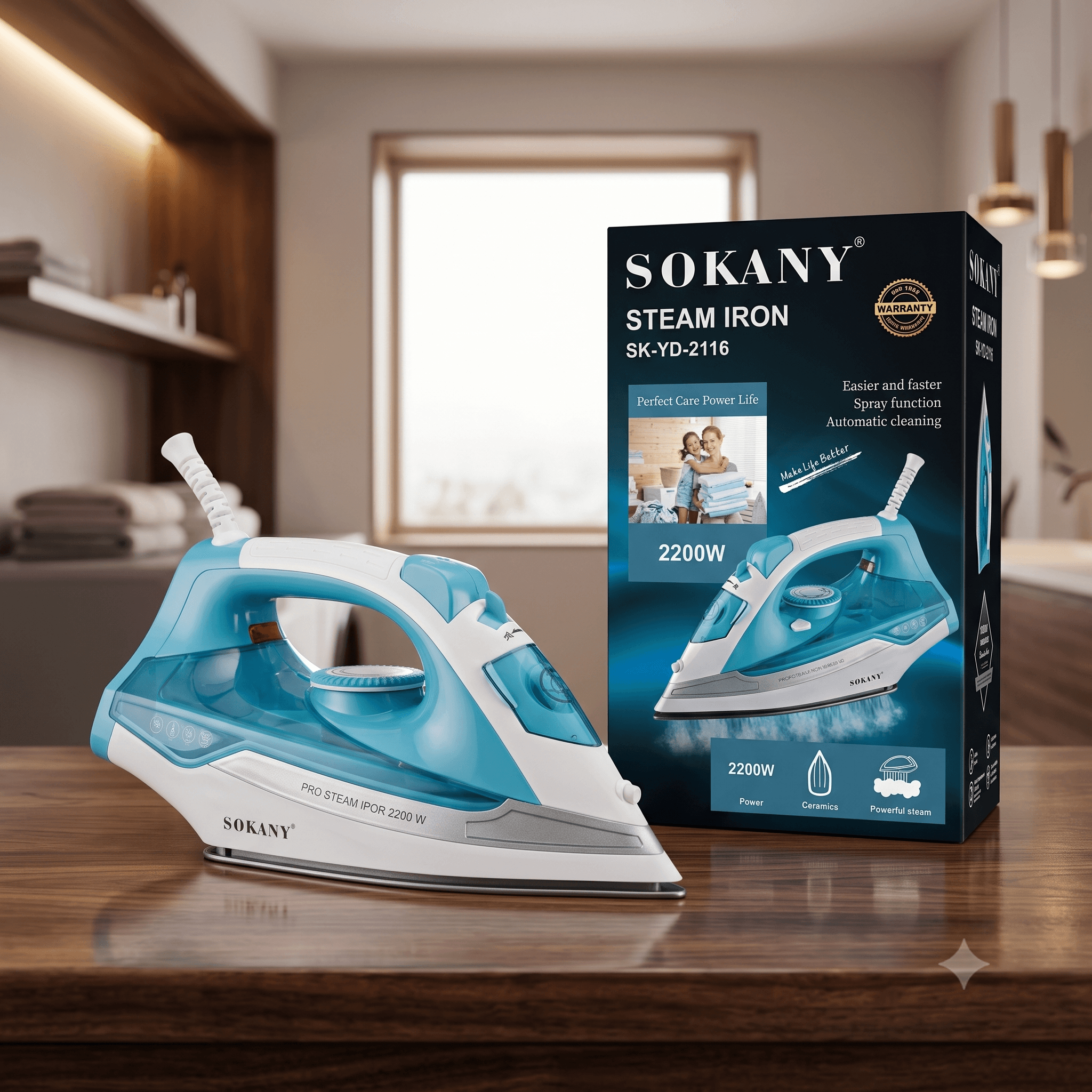 SOKANY SK-YD-2116 Professional Steam Iron โ 2200W High Power Ceramic Soleplate with Spray & Self-Cleaning (Teal & White) โ image 1