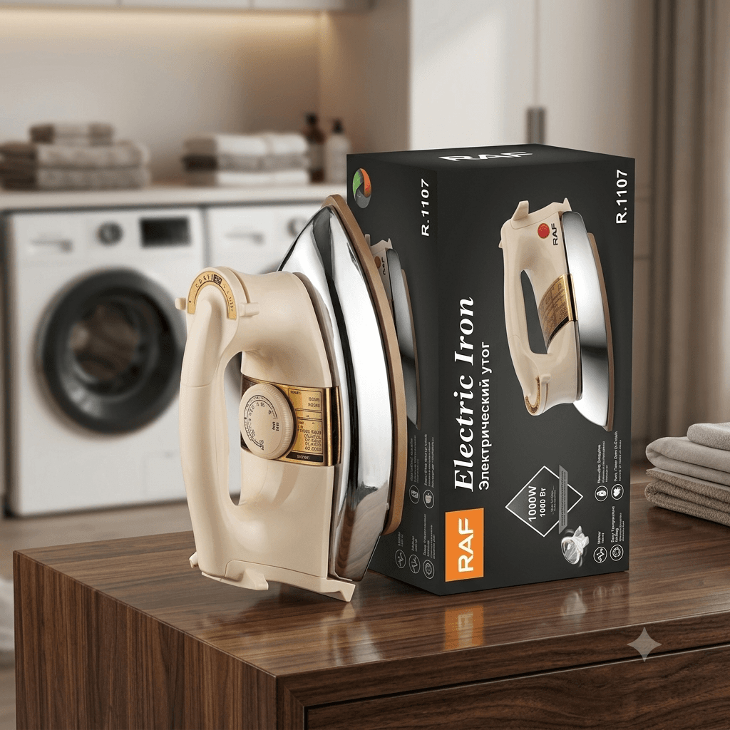 RAF R.1107 Heavy Duty Electric Dry Iron โ 1000W Non-Stick Stainless Steel Soleplate (Beige & Chrome) โ image 1