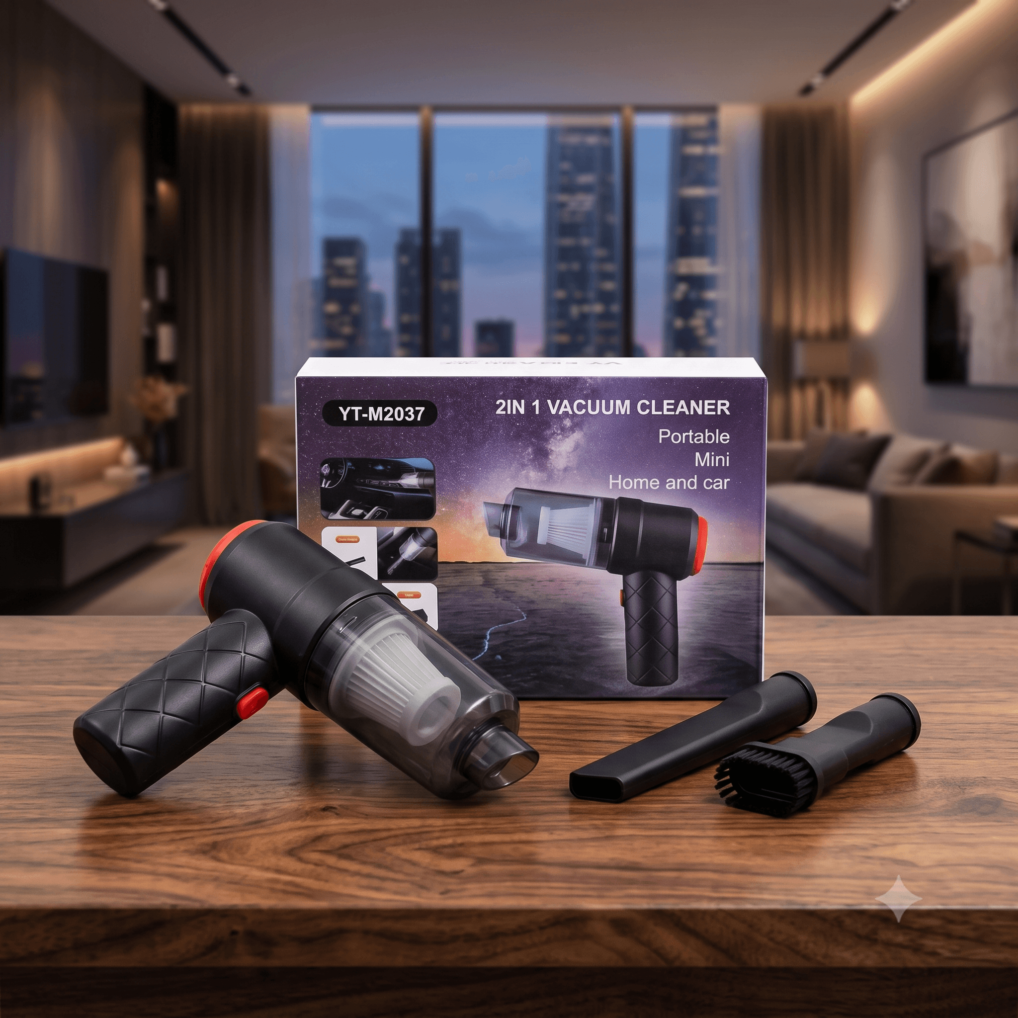 YT-M2037 2-in-1 Portable Mini Vacuum Cleaner β Cordless Handheld Car & Home Vacuum with Diamond-Quilted Grip, Multi-Nozzle Accessories, and Transparent Dust Bin