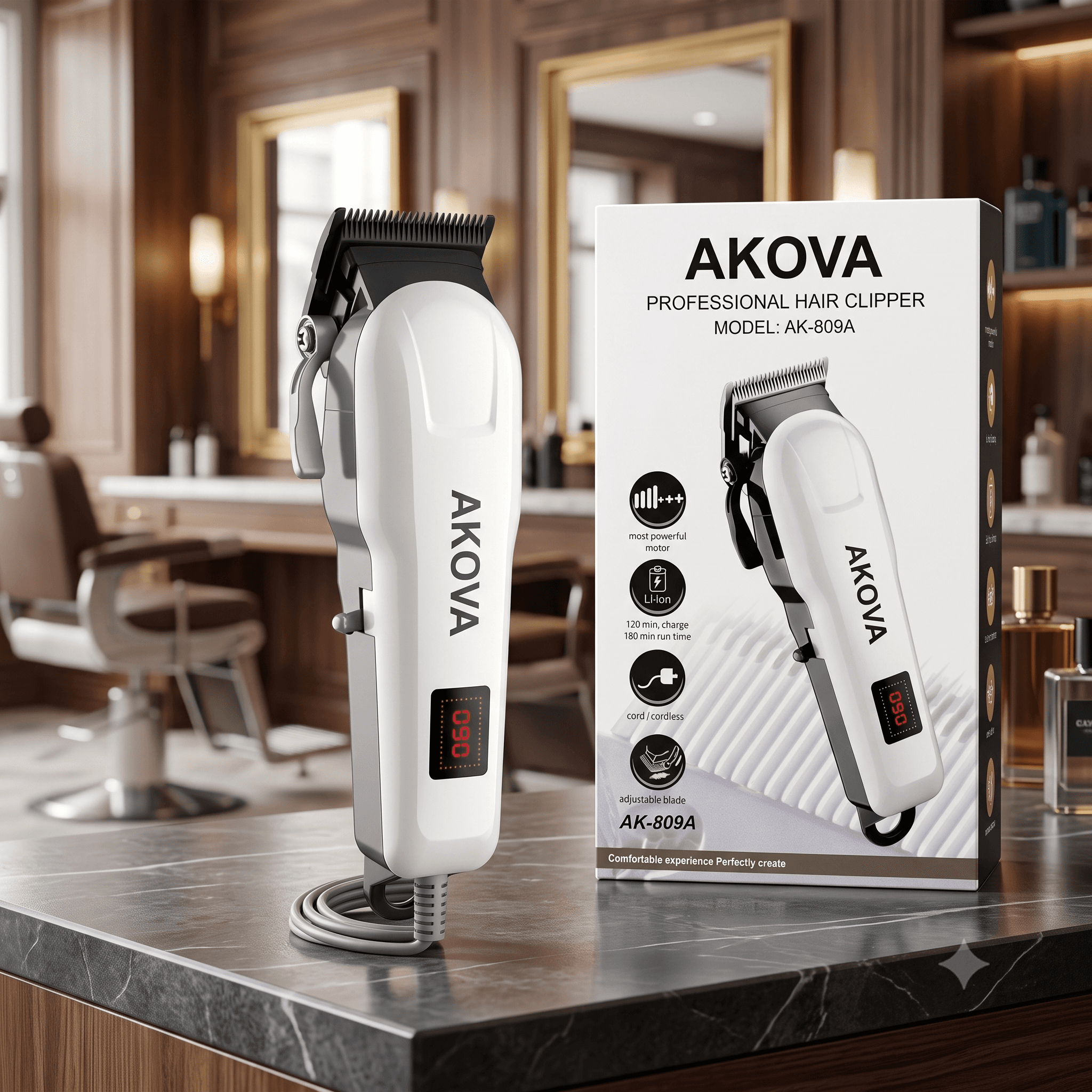 AKOVA AK-809A Professional Hair Clipper β Heavy Duty Cord/Cordless Barber Trimmer with LED Display & 180 Min Runtime