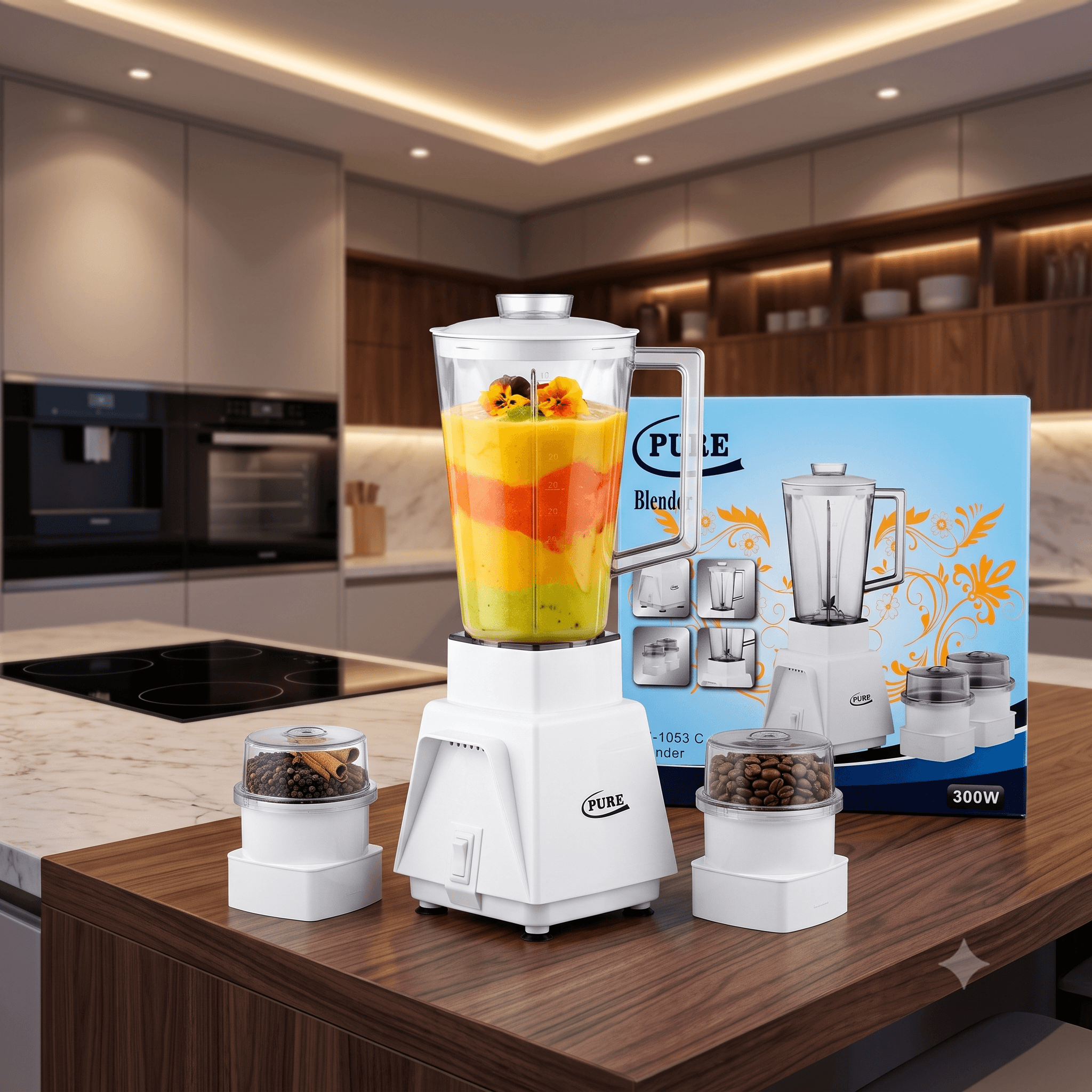 PURE PB-1053 C 300W Countertop Blender Set โ Multi-Function Electric Food Processor & Smoothie Maker with 1.5L Transparent Pitcher and Dual Grinding Mills