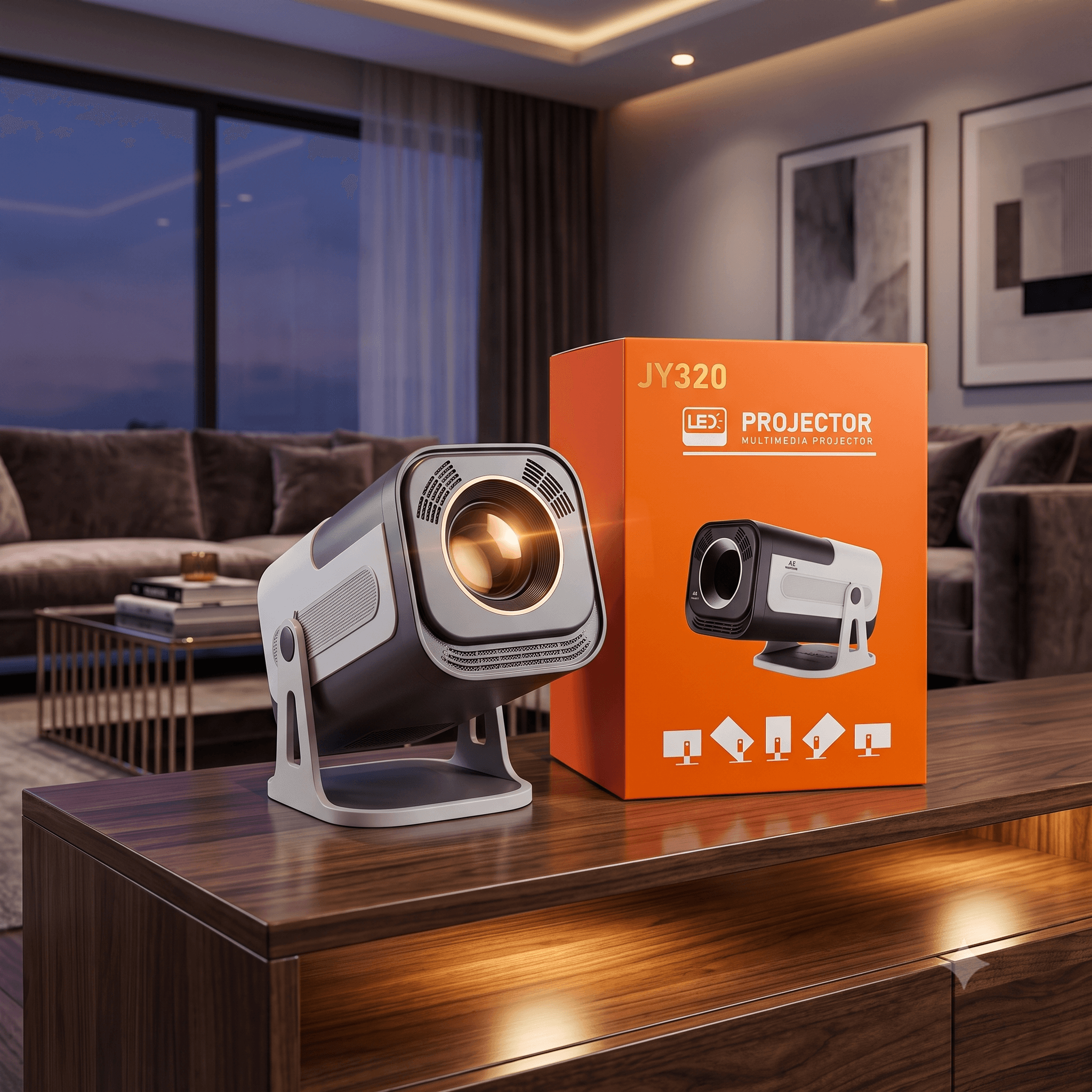 JY320 Smart LED Multimedia Projector โ 4K Supported Ultra-Compact Home Theater Video Projector with 180ยฐ Rotatable Integrated Stand