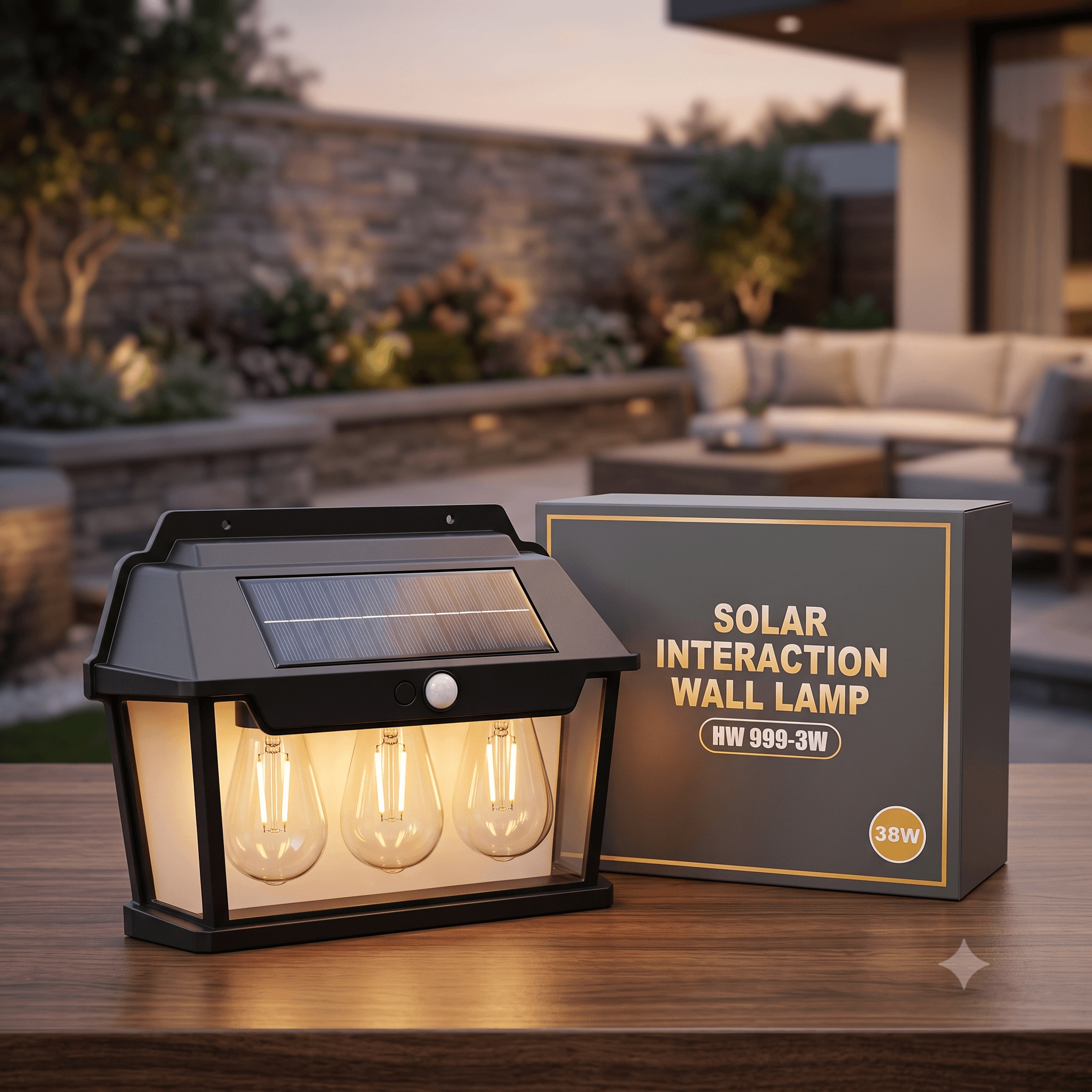 38W Solar Interaction Wall Lamp β Eco-Friendly Outdoor Motion Sensor Security Light with 3 Vintage LED Filament Bulbs and Integrated Solar Panel (Model HW 999-3W)