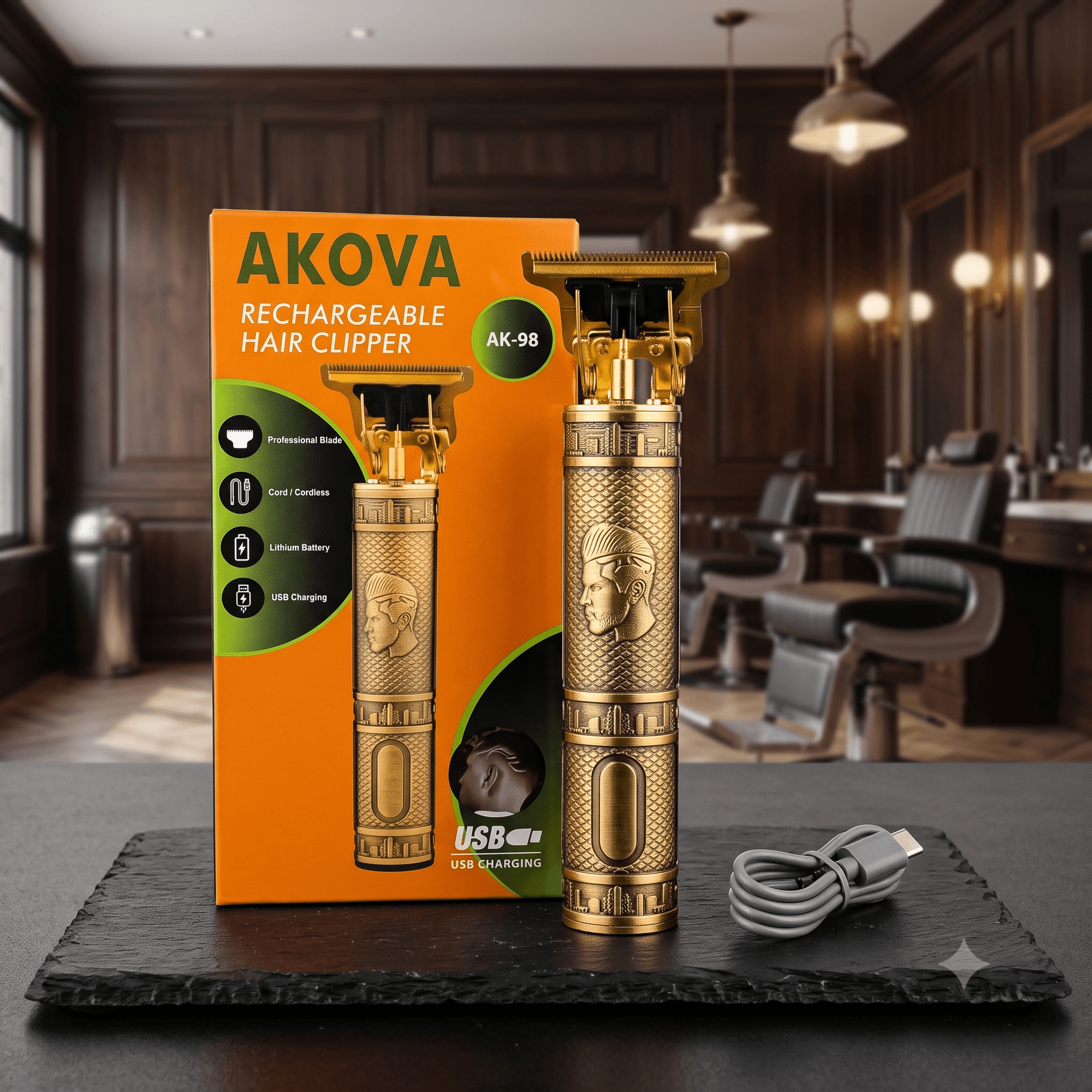 AKOVA AK-98 Professional Rechargeable Hair Clipper โ Vintage Gold T-Blade Outliner & Detail Trimmer with USB Charging