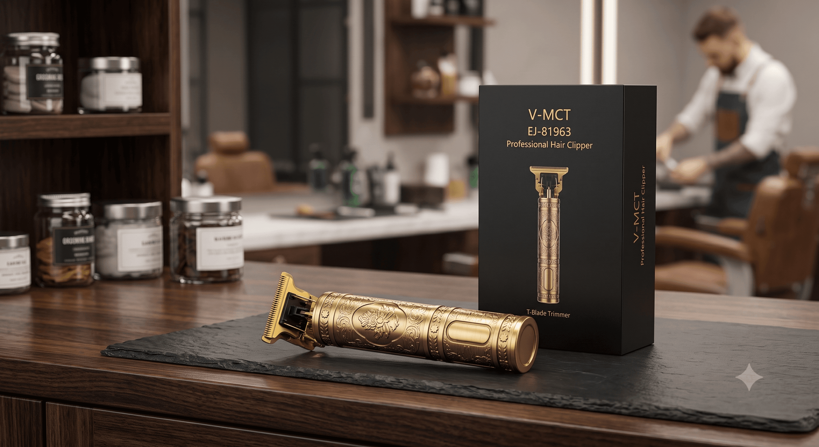 V-MCT EJ-81963 Professional Hair Clipper & Outliner β Vintage Cordless T-Blade Trimmer with 1200mAh Lithium Battery