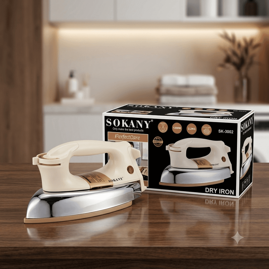 SOKANY SK-3002 Heavy Duty Electric Dry Iron โ 1200W High Power 2.2KG Non-Stick Soleplate (Beige & Chrome) โ image 1