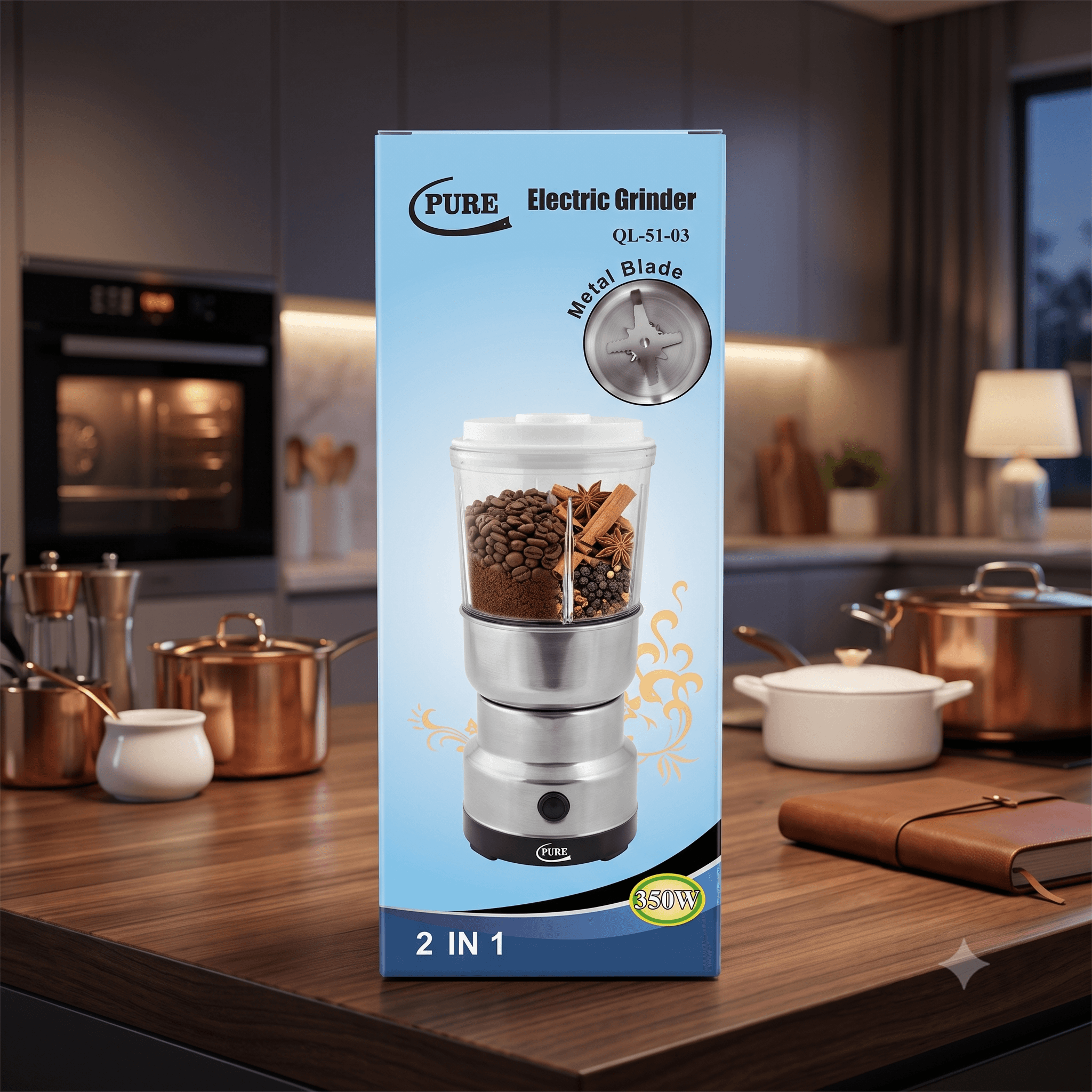 PURE Electric Grinder QL-51-03 350W 2-in-1 Compact Stainless Steel Spice & Coffee Grinder โ Heavy-Duty Metal Blade Electric Food Mill with Clear View Lid