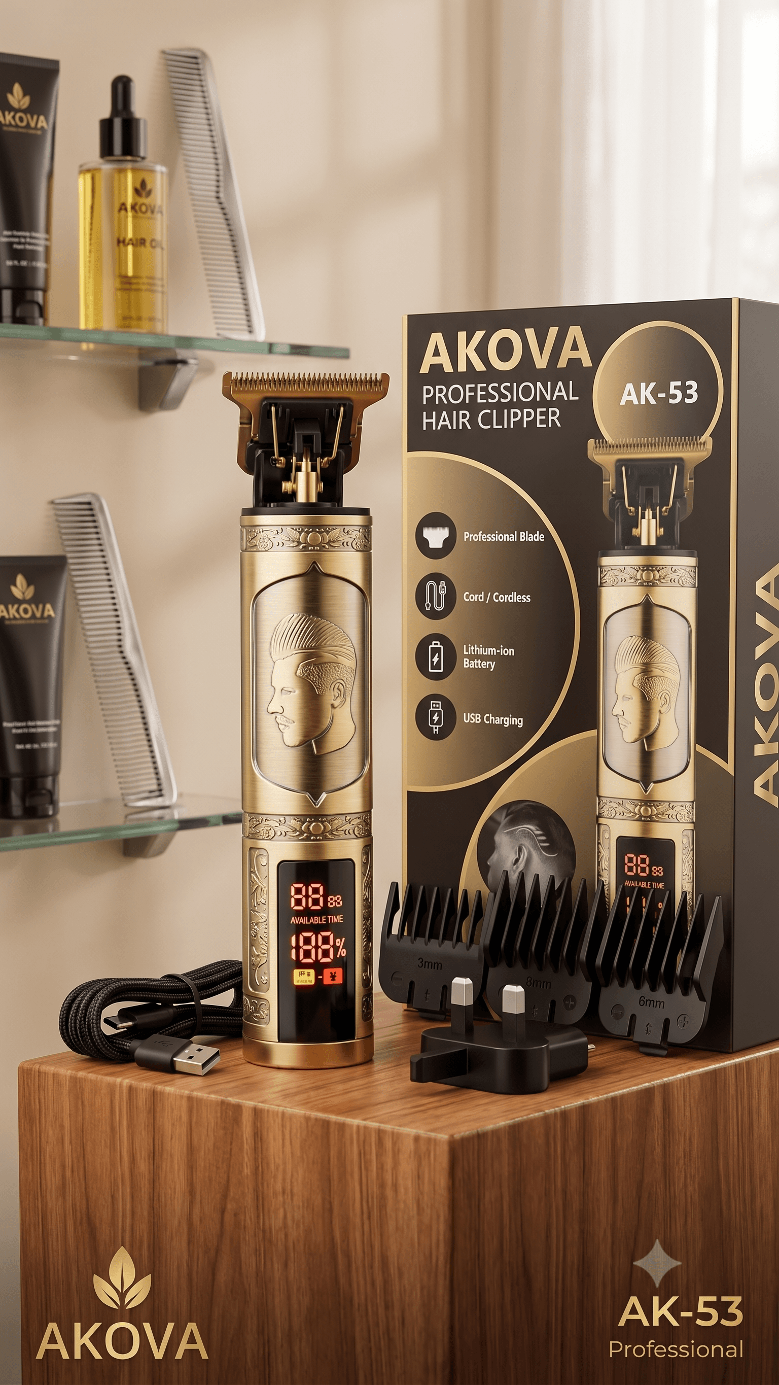 AKOVA AK-53 Professional Rechargeable Hair Clipper & Trimmer β Cordless Barber Grooming Kit with LED Display