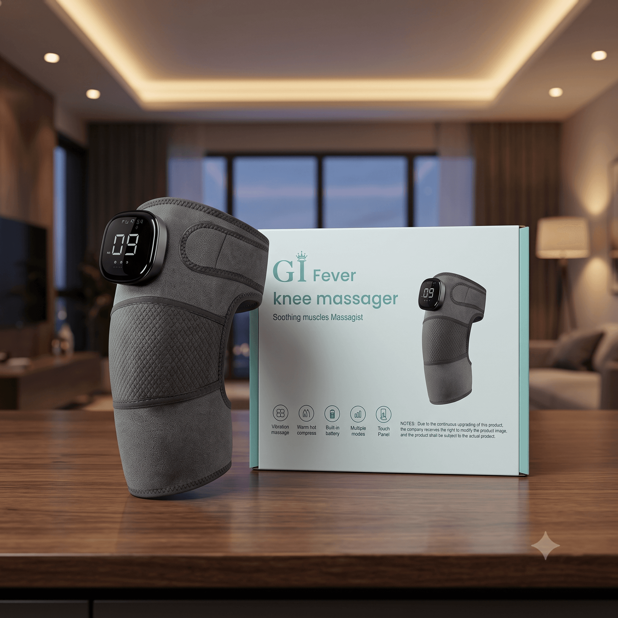 GI Fever Knee Massager โ Electric Heated Compression Knee Wrap with Smart Touch Panel Display, Multi-Frequency Vibration, Thermal Therapy, and Rechargeable Battery