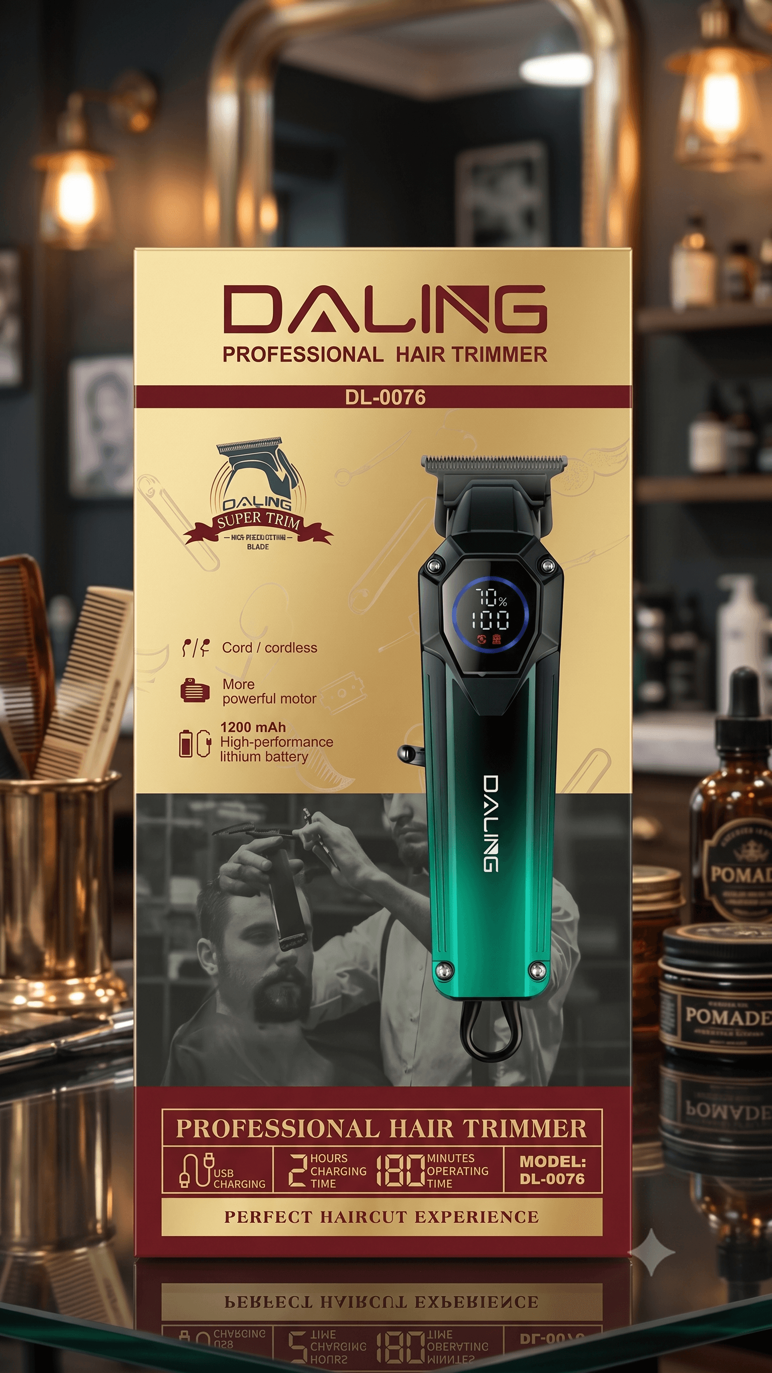 DALING DL-0076 Professional Hair Trimmer β High-Speed Cordless T-Blade Clipper with 1200mAh Battery & Smart LED Display