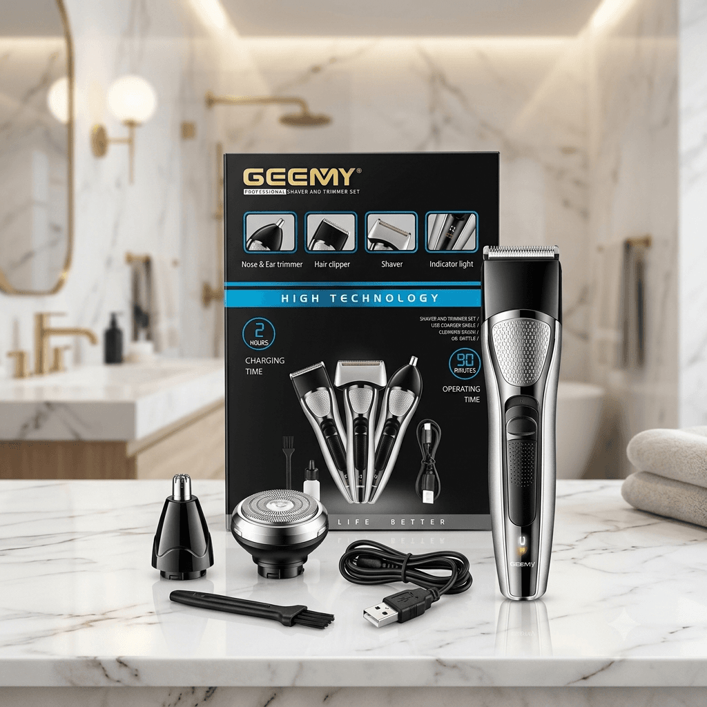 Geemy Professional Shaver and Trimmer Set β 3-in-1 Grooming Kit with Nose & Ear Trimmer, Hair Clipper, and Shaver Attachments