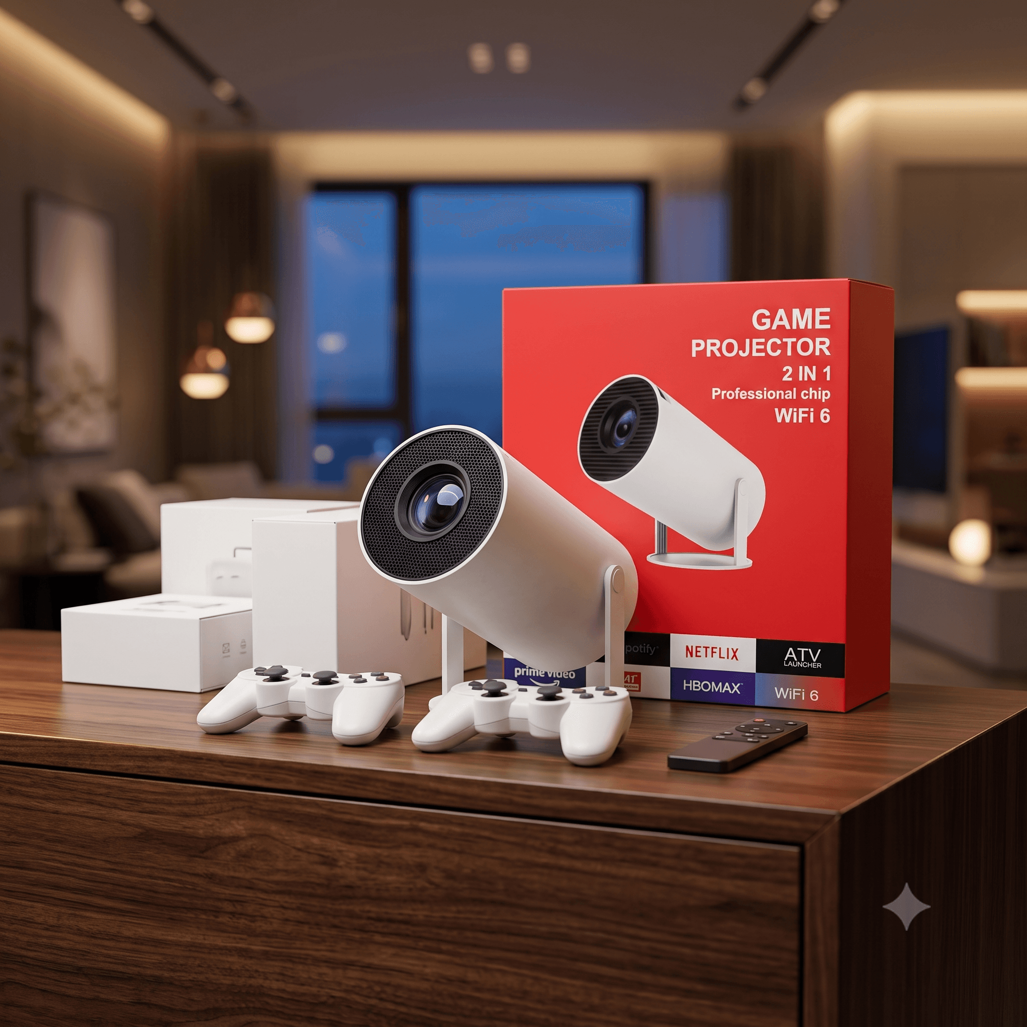 2-in-1 Smart Wireless Game Projector โ 4K Supported Home Theater Video Player & Retro Gaming Console Bundle with Dual 2.4G Wireless Gamepads, WiFi 6, and Android TV App Support